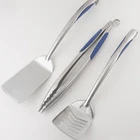 New Design Stainless Steel BBQ Tools Set With Cambered TPR Handle Fish Spatula Slotted Turner Tong For Grilling