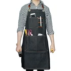 Cross-back barber apron Denim bib apron with leather straps adjustable jeans apron with pockets