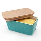 Butter Dish with Lid, rectangle shape butter storage dish with airtight bamboo cover ceramic butter box