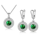 Fashion Rhodium Round Diamond CZ Green Emerald Earrings Pendant 2 Sets Jewelry