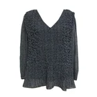 Ladies Women Pleated Chiffon Dot Printing V Neck Lantern Long Sleeves Ladies Top