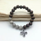 Stylish hot popular elastic bracelet unisex round wooden beads bracelet with antiqu silver cross charm