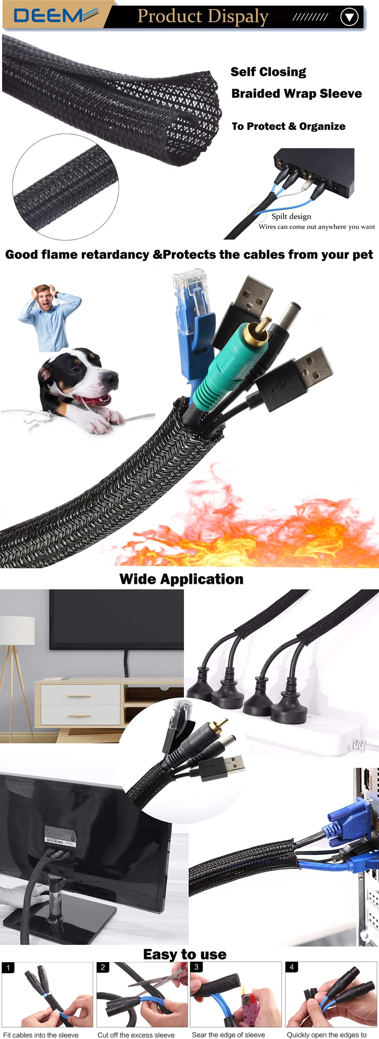 DEEM Flexible braided pet material black cable organizer sleeve