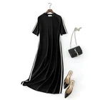 Summer Ribbon Knitted Long Dress Women 2019 Casual Elegant O-Neck Straight Mid-Calf T Dress Black Green Women Clothes