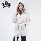 New design Loose Size Cashmere Coat Winter Women Warm Belt Coat Fur hood coat