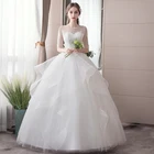 In Stock Floor Length Ball Gown White Tulle Lace Bridal Long Wedding Dresses