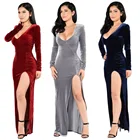 Velvet fabric autumn party evening dress high slit dress
