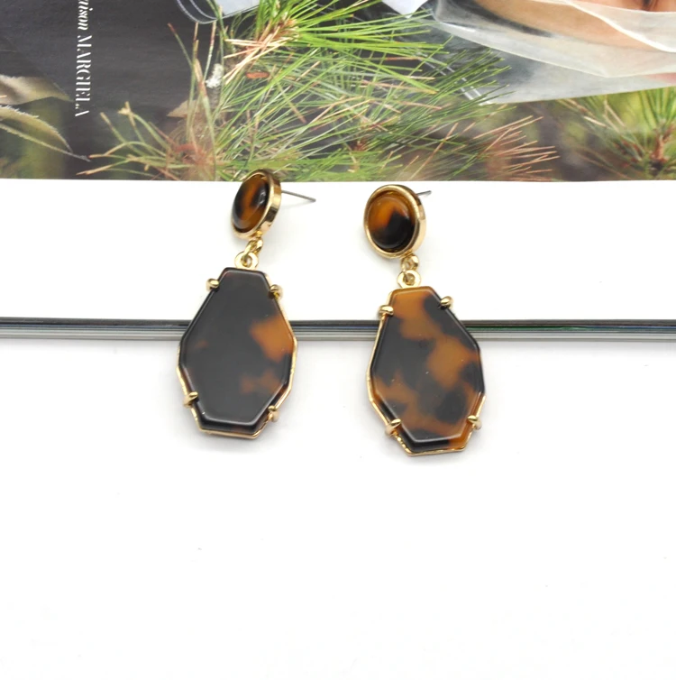 Custom tortoise shell texture acetate inlay inset in gold zinc alloy by claw hypoallergenic earrings
