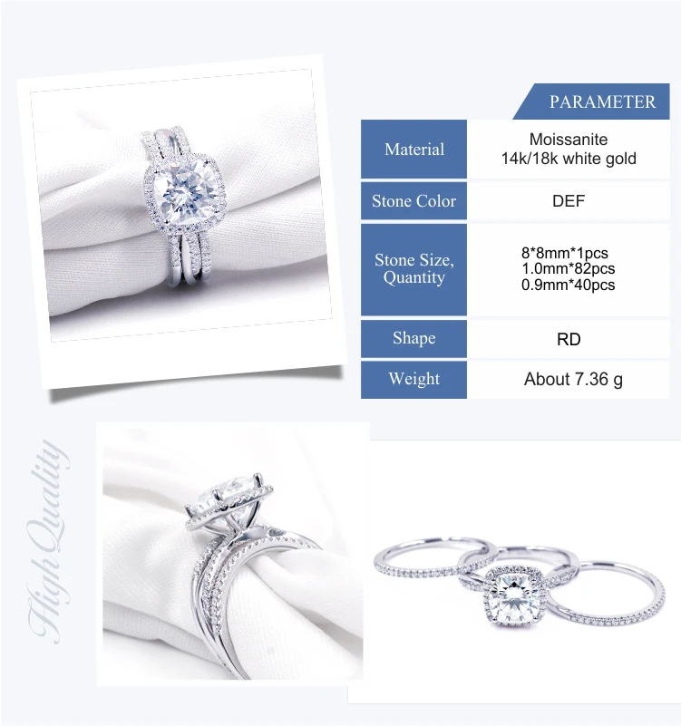 Tianyu gems fancy design white gold wedding ring set with best cushion cutting moissanite gems setting 