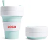 Custom Logo Cheap Travel Camp Foldable Silicone Water Coffee Cup with Straw Lid Folding Up Silicone Collapsible Coffee Cup