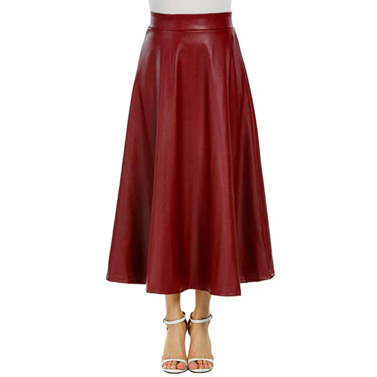 Women Fashion Sexy Shiny Pleated Faux Leather Skirt Tight Maxi Long