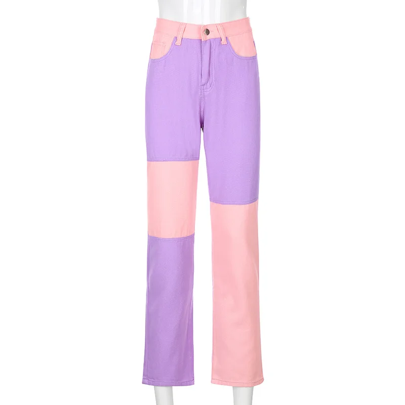 Hot Sale Mom Fit Patchwork Pants Straight Leg Denim Jeans for Woman