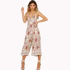Wholesale hot V Neck Sexy breathable Summer Pants One Piece Women floral wide leg pants Sling Loose jumpsuit with Belt