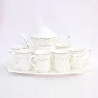 New Gold Rim Porcelain Pure White Ceramic Coffee Cup 6pcs Set And Saucer China Tea Pot Set
