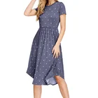 Women's Summer Pleated Polka Dot Boho Dresses Round Neck Party Dress Pocket Loose Swing Short Sleeve Causal Midi Dress