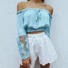 Summer Beach Casual Off Shoulder Sexy Lace Shirt Boho Haut Femme Womens Crop Tops Fashion Ladies Long Sleeve Loose Blouse