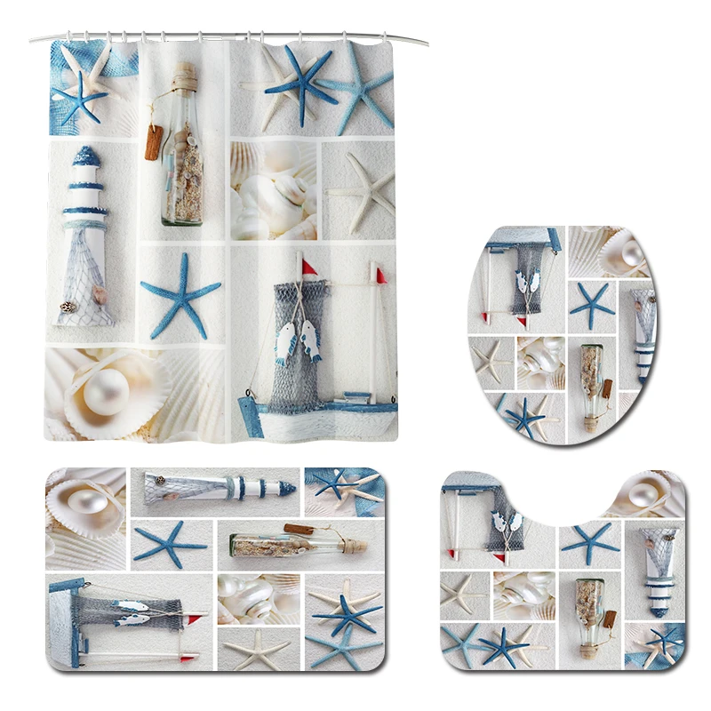 Starfish printed Toilet Pad Cover Bath Mat Shower Curtain Set for Bathroom Decoration Home Textile