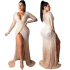 Long sleeve fashion sequined split ladies plus size dresses clothes latest women elegant party evening sexy dress