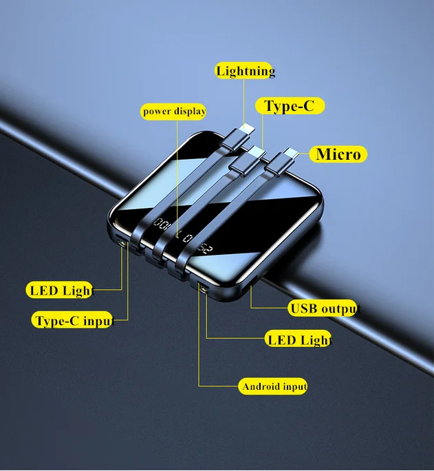 20000mAh Mirror Mini Power Bank Portable LED LCD Fast Charging slim Powerbank Quick Charge Mobile Charger with 3 in 1 cables