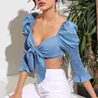 Tie Front Shirred Gigot Sleeve Denim Top Women Sweetheart Slim Fit Blouses Shirred Sexy Tops Women Crop Tops