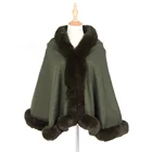 Plain Pashmina Wholesale Lady Poncho Army Green Women Winter Blend Plain Pashmina Shawl Scarf with Fur Trim