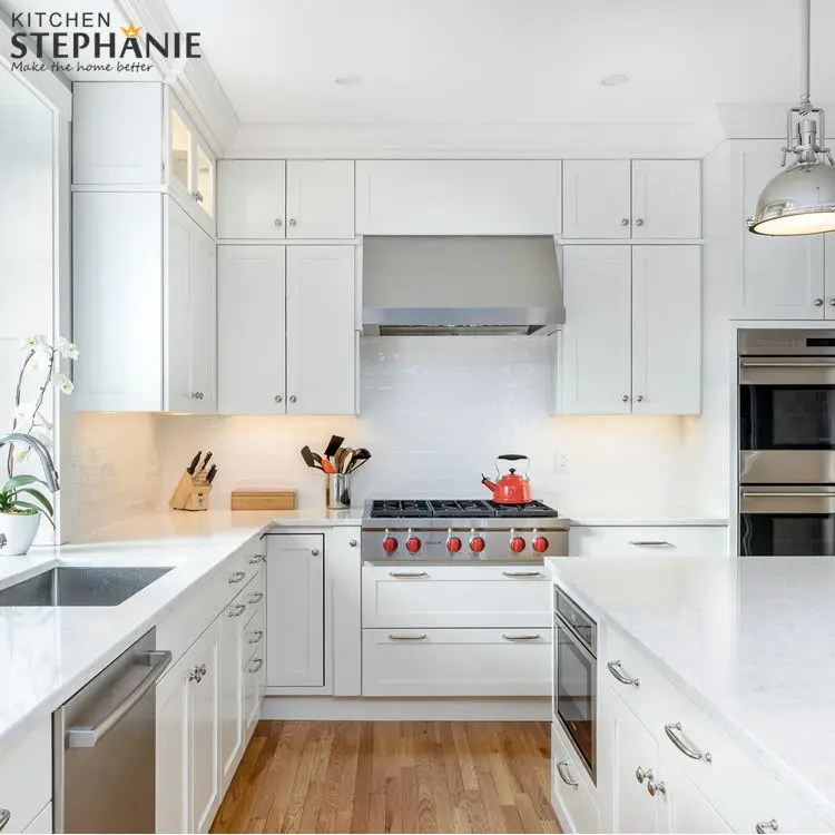 America style assembled white kitchen cabinets design, classic wood cabinets kitchen