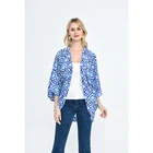 Fashion style women tops blouse navy blue printed geometric shirt
