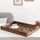 Distressed Torched Antique Wood 20-Inch Serving Ottoman Tray With Modern Black Metal Handles