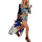 Boho Print Long Beach Cardigan Women Drawstring Kimono Open Front Cover Up
