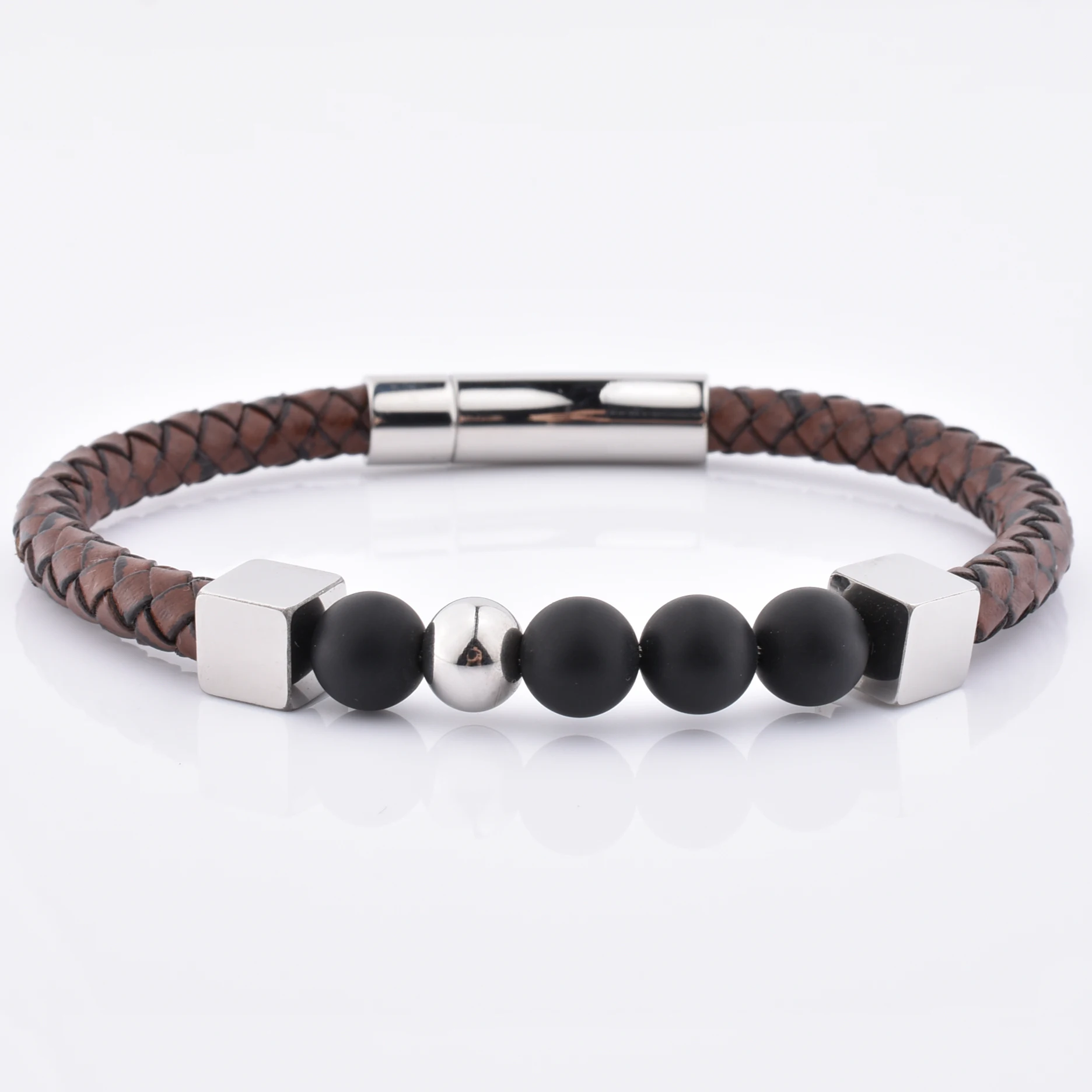 Unique Men Stainless Steel Custom Logo Name Matt Onxy Bead Brown Leather Bracelet