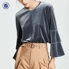 Stylish flared sleeve velour rounded collar lady's blouse wholesale price