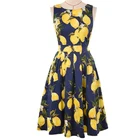 New Floral Print Vintage A-line Lemon Printed Sleeveless Party Dress Elegant Knee-Length Ladies Women Dress With Belt