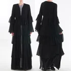 Latest designs Black Fancy Layer Dress Modern Fashion Islamic Clothing Maxi Chiffon Open Kimono casual with Trumpet cuff