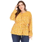 Sexy Tops Lace Patchwork Women Blouses Floral Printed Long Sleeve T Shirt with Belt Plus Size Women Clothing
