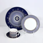 Luxury english style porcelain china dinner crockery dubai gold blue white fine bone china dinnerware sets for wedding