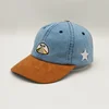 Custom Embroidery Logo 6 Panel Baseball Hat,Suede Curved Brim Washed Denim Dad Hat Cap,Unisex Genuine Leather Strap Caps