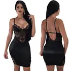 Lady sexy black lace and satin patchwork spaghetti strap open back perspective hollow out mini club dress