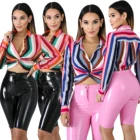 Women summer long sleeve striped knotted crop top short shirt