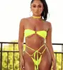 Yellow Bandeau Gold Ring Front Strapless Choker Long Straps Ties Front Cheeky Brazilian Bikini