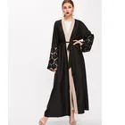 1502#Lace Cuffs Black Muslim Cardigan Patching Long Dresses Islamic Robe with Hijab Open Abaya Kimono 2019
