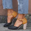 Women Vintage Casual Chunky Heel Buckle Shoes Color Block Sandals