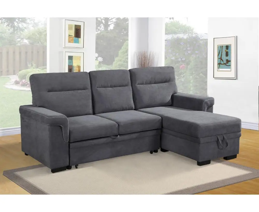 Cinza de Veludo Quente barato em forma de l sofá de canto com camas de armazenamento