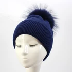 Winter women real raccoon fur bobble fur hat wholesale wool hats