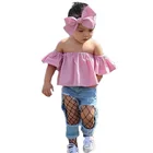 Bow headdress pink shoulder shirt hole jeans 3 piece baby girls summer clothing set