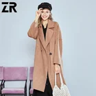 Women Double Breasted Gray Camel Double Face 100% Mongolian Lamb Sheep Cashmere Wool Trench Fur Coat with Belt