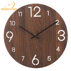 QingFeng Modern Style Laser Hollow Number Round Battery Operated Silent Wall Decor Wooden Wall Clock