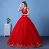 2019 New Design Fashionable Cheap Bridal Flower Red Lace V Neck Ball Gown Wedding Dress with beading sequined design