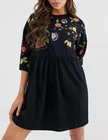 crew neck dropped shoulder oversized plus size embroidered smock dress