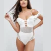 2019 White One Piece Bathing Suit Falbala Swimwear Mesh Swim Suit