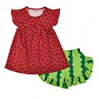Hot sale watermelon print girls tunic tops outfits baby clothing set kids wholesale flutter clothes ruffle shorts